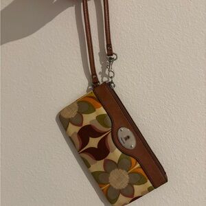 Fossil Brown Floral Retro Wristlet with Olive and Mustard Accents